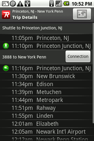 NJ Transit rail trip with adjustable connections on Android