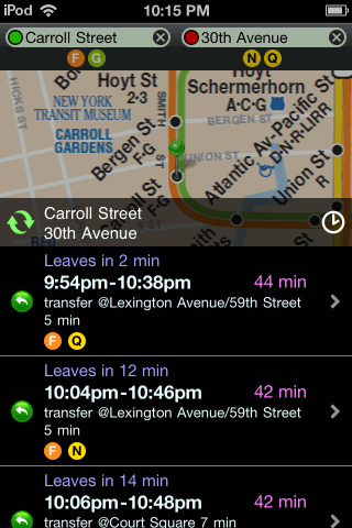 NYC Subway trip list on iPhone